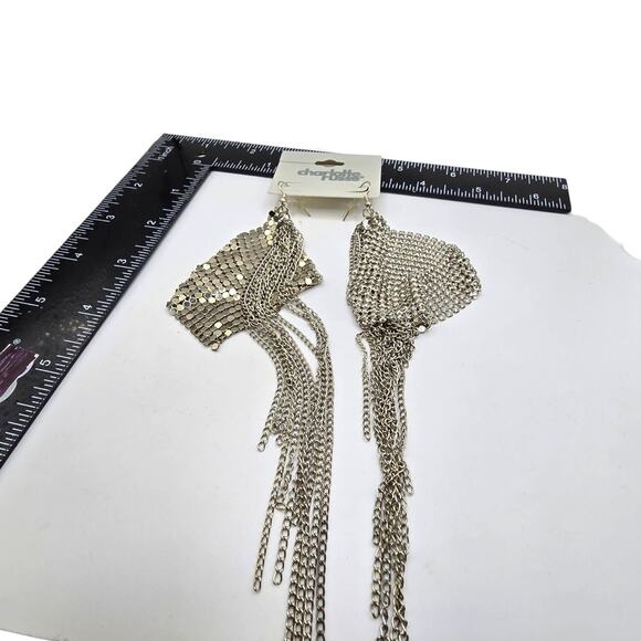 Charlotte Russe Long Silver Mesh Chain Dangle Earrings Women Shoulder Duster - Picture 4 of 5